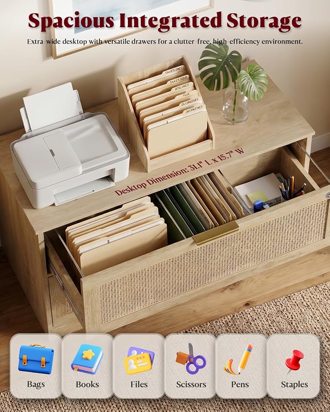 HOPUBUY 2 Drawer File Cabinet with Lock Set of 2, Printer Stand Lateral Filing Cabinets for Home Office and School, Wood Rattan File Cabinet for Hanging Files/Letter/Legal/A4/F4 Size, Natural Wood
