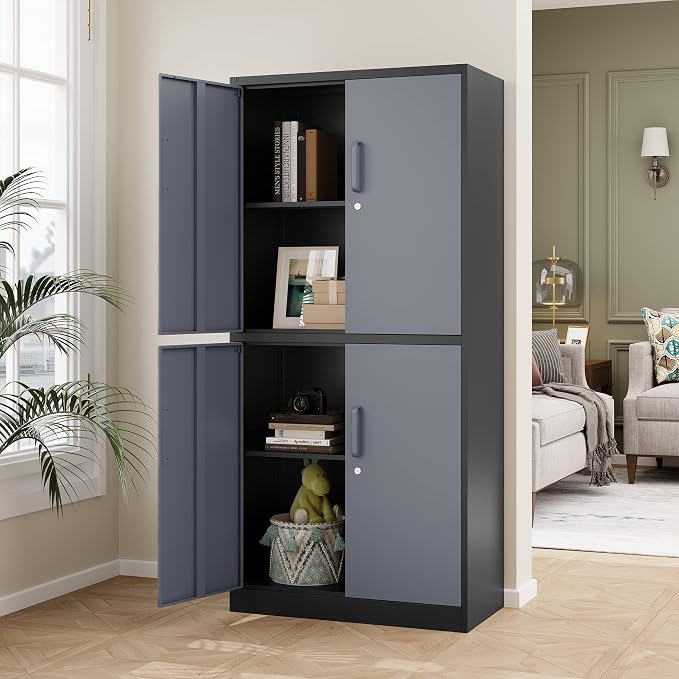 STANI Metal Storage Cabinet, Locking Steel Cabinet with 4 Doors and 2 Adjustable Shelves, 71'' Lockable File Tall for Home Office,Garage,School, Black&grey, (TSJ-BG)