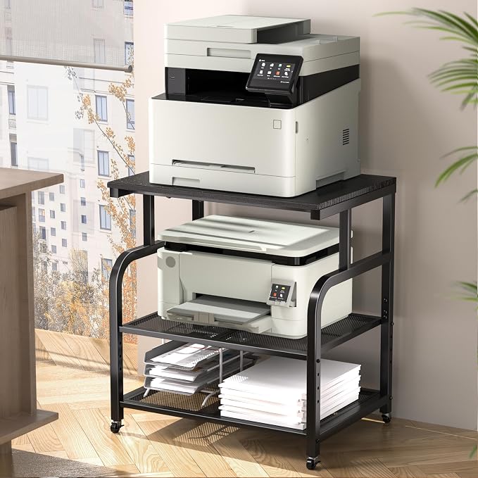 niffgaff Mobile Printer Stand with Large Desktop - 3 Tier Shelf, 24.4 Inch Height, Wooden Organizer for Home&Office, Black