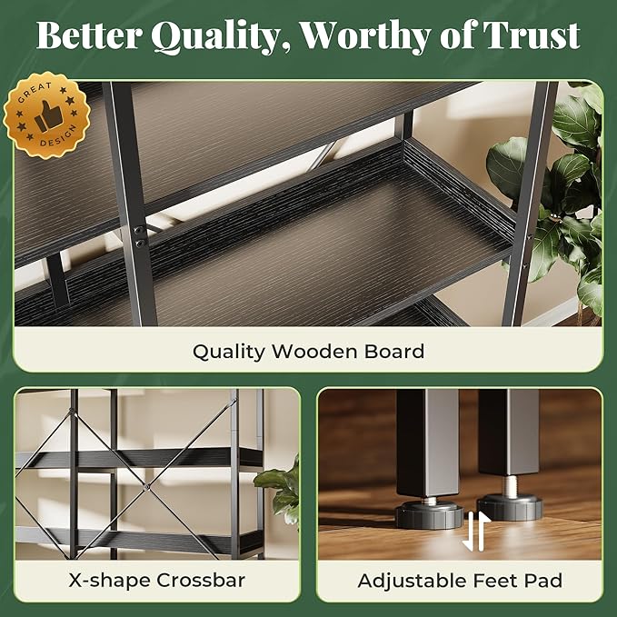 Huuger 5 Tier Bookshelf, Display Bookshelf with 10 Open Shelves and Raised Baffle, 47.2 Inch Straight Wide Bookcase with Metal Frame and Wooden Board, Adjustable Feet, Black