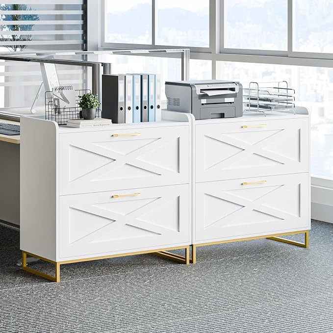 Lateral File Cabinet 2 Drawer File Cabinet with Charging Station for Legal/Letter/A4 Size Hanging Files, Modern Farmhouse Large Wood File Storage Cabinet for Home Office Furniture(White and Gold)