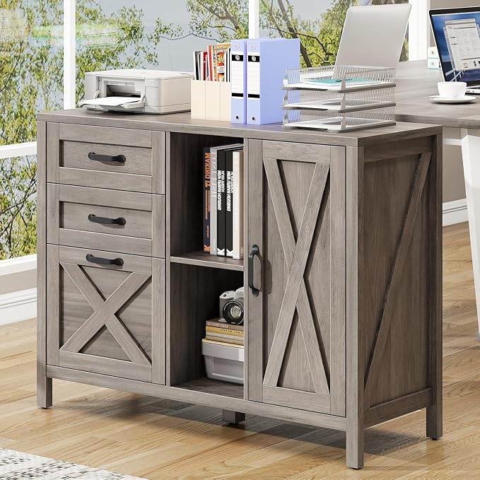 Vabches Lateral File Cabinet, Farmhouse 3 Drawer File Cabinet with Open Storage Shelf for Letter/A4/Legal Size Hanging Files, Large Wood Storage Cabinets Printer Stand for Home Office, Grey
