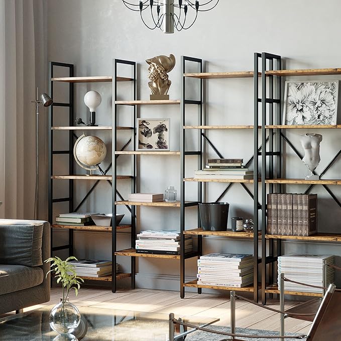 IRONCK Bookcases and Bookshelves Triple Wide 5 Tiers Industrial Bookshelf, Large Etagere Bookshelf Open Display Shelves with Metal Frame for Living Room Bedroom Home Office