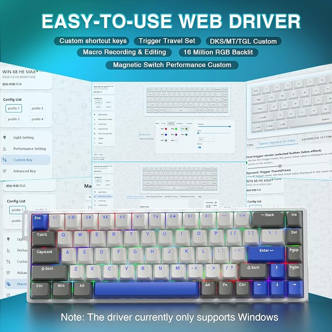 AULA WIN68 HE MAX - Hall Effect Gaming Keyboard with Magnetic Switch, Adjustable Actuation Fast Trigger Mode, 8KHz Polling Rate, RGB Backlit Wired Mechanical Gaming Keyboard 60 Percent Compact Design