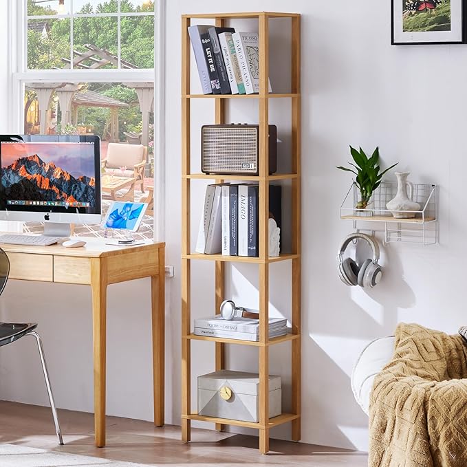 YUFAM 66in Tall Bookshelf 6-Tier Small Narrow Bookcase, Skinny Book Shelf for Small Space, Farmhouse Slim Shelf with Storage, Wood Freestanding Display Thin Bookshelves for Living Room, Natural