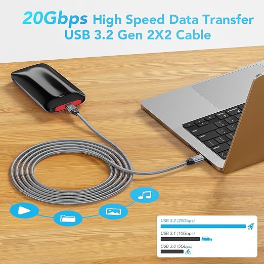 ULT-WIIQ 1FT USB C to USB C 3.2 Gen 2 x 2 Video Cable for Portable Monitor, 4K@144/120/60Hz 8K Display Cable, 20Gbps Data Transfer, PD 3.1 240W Fast Charging, for iPhone 17, MacBook, SSD, CarPlay