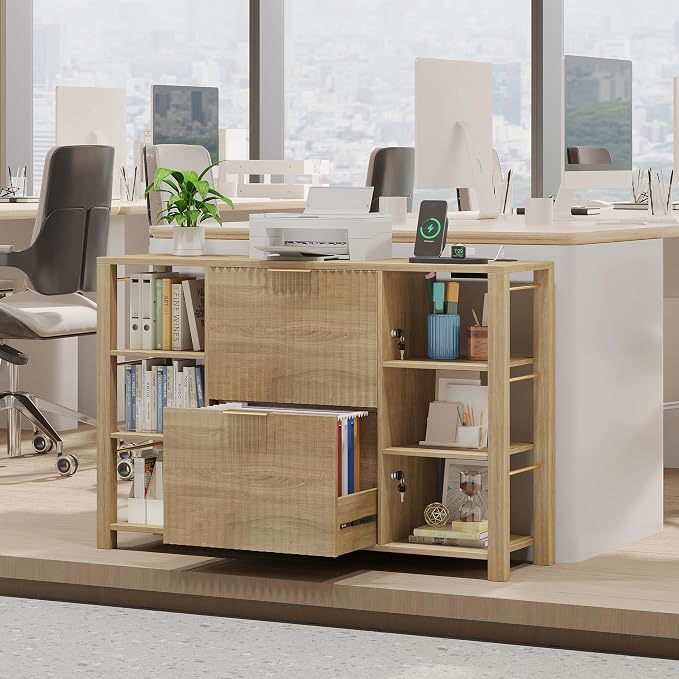 File Cabinet for Home Office, Fluted Filing Cabinet with Charging Station, 2 Drawers Fit Letter/Legal/A4 with Tabs, Printer Stand with Lock & 2 Power Outlets, 6 Shelves (2, Oak)