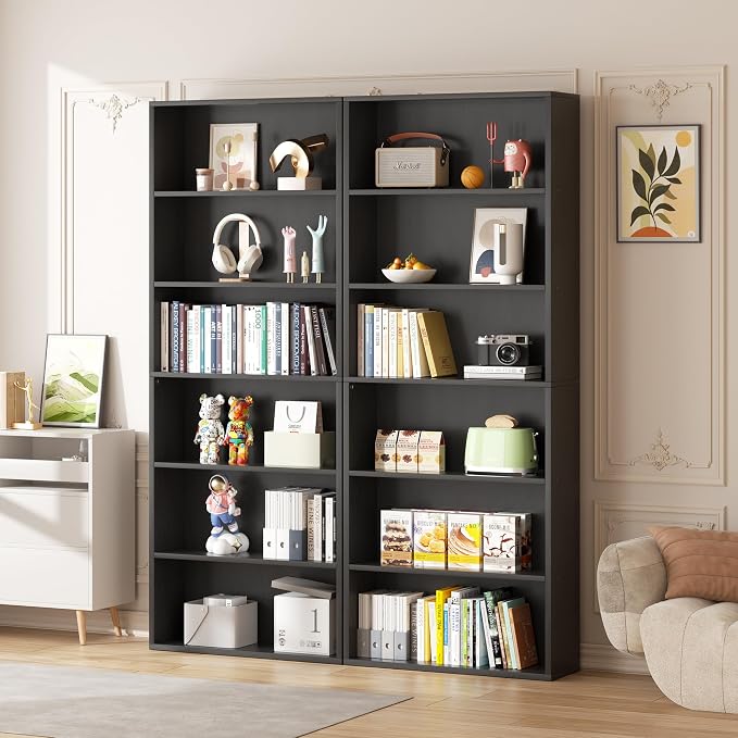 Vongrasig 6-Tier Open Bookcase and Bookshelf, Floor Standing Wood Display Storage Shelves 71 Inch Tall Bookcase Home Decor Furniture for Home Office, Living Room, Bed Room, Black, 2 Pieces