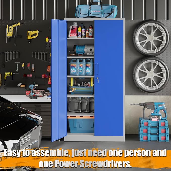 STANI Metal Garage Storage Cabinet with Lock, 71" Steel Lockable File Cabinet, Locking Steel Storage Cabinet with 5 Adjustable Shelves for Home, Office, Garage, Warehouse (Blue Grey, 2 Door - 71" H)