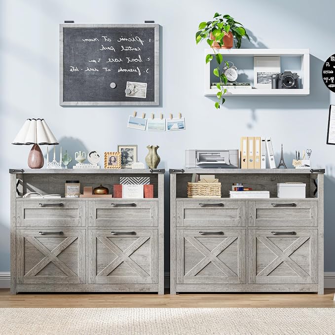 Halitaa Farmhouse 4 Drawer File Cabinet with Open Storage Shelf, Lateral Filing Cabinet Fits Letter/A4/ Size, Home Office Filing Organizer, Document Storage Printer Stand for Home and Office,Grey