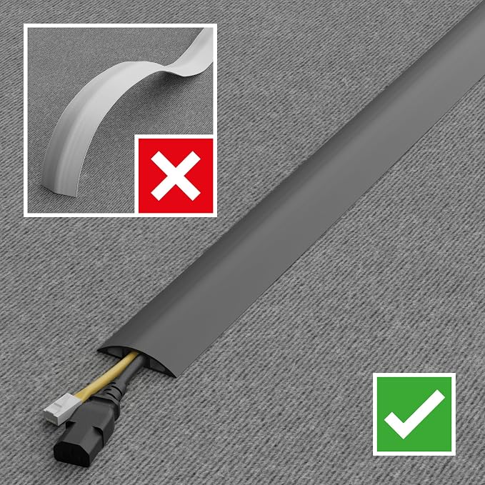 D-Line 30ft Floor Cord Cover, Floor Cable Protector, Extension Cord Cover, Protect Wires & Prevent Cable Trips, Cable Management Solution - Cord Cavity = 0.63" (W) x 0.31" (H) - Gray