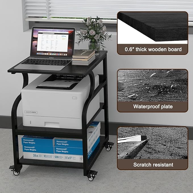 Natwind Large Printer Stand,24''x20''x29''Printer Table with Adjustable Storage Shelf,3 Tier Rolling Printer Cart with Wheels,Home Office Multifunctional Shelves for Heat Press (Black)