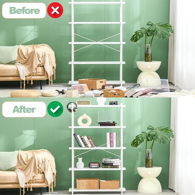 HCHQHS Bookshelf, 5-Tier Industrial Bookcase, White Open Book Shelf, Freestanding Tall Bookshelves with Metal Frame
