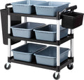 Storage Cart 3 Tier Heavy Duty Commercial Grade Utility Cart,Dish Cart for Restaurant,Multi-Function Mobile Shelving Unit Organizer for Hotel,Restaurant,Kitchen,Laundry Room with 6 Basin 2 Barrels