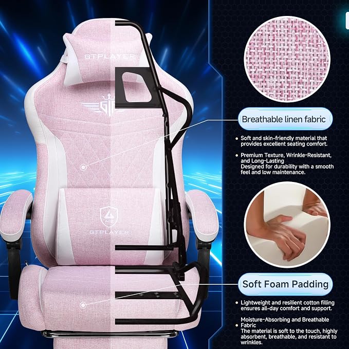 GTPLAYER Gaming Chair, Video Game Chairs with Footrest and Lumbar Support, Computer Chair for Adults with Extended Backrest, Ergonomic Reclining Silla Gamer, Linen Fabric, Pink