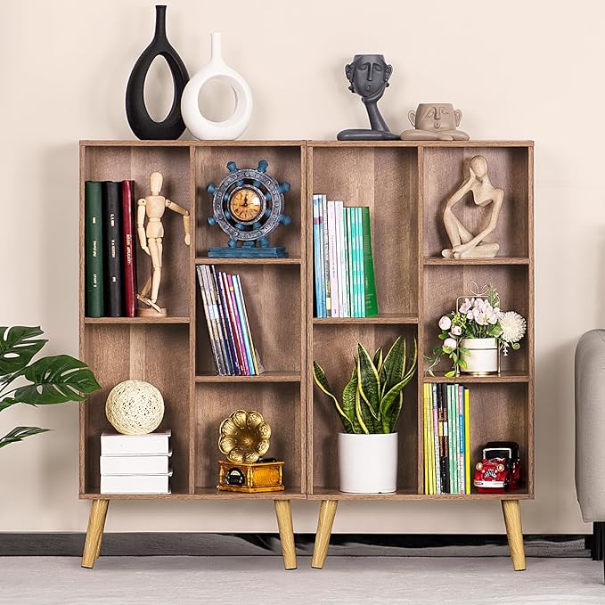 5 Cube Small Bookshelf,3 Tier Mid-Century Modern Bookcase with Legs,Wood Kids Bookshelves Storage Organizer Shelf,Free Standing Narrow Book Shelves,Oak Grey Corner Bookcases for Bedroom,Living Room