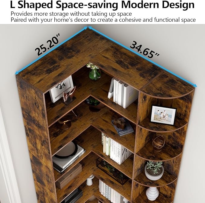 Loomie Bookshelves, 6 Tiers Shelf Large Tall Corner Etagere Bookcase with Full Baffle, L-Shaped Modern Storage Display Industrial Book Shelf for Bedroom, Home Office, Living Room & Kitchen, Rustic