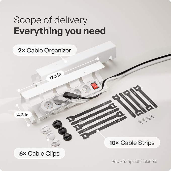 PAMO Cable Management Under Desk for Easy mounting Under-Table I Set of 2 - with 10X Cable Ties I Desk Organizer for Office/Home Office Table Thoughtful Cable Tray Holder
