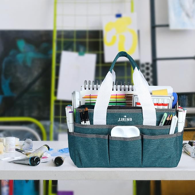 JJRING Craft Organizer Tote Bag for Art Storage, Caddy with Multiple Pockets, Bluish Green Sewing Bag for Scrapbooking, School, Medical, and Office Supplies