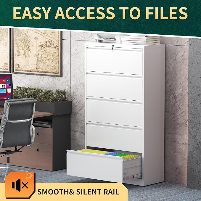 5 Drawer Lateral File Cabinet with Lock, Metal File Cabinets for Home Office, Steel Heavy-Duty Filing Storage Cabinet for Letters/Legal/A4 (Require Assembly, White)