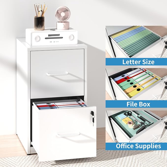 2 Drawer File Cabinet with Lock, Steel Vertical Filing Cabinets for Home Office, Small Metal Storage Cabinet for Hanging Letter Size File Folders, Assembly Required(White)
