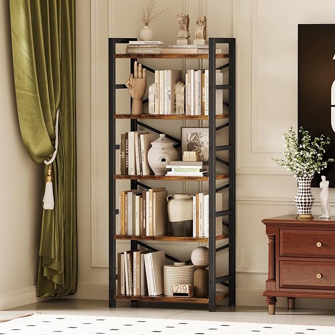 Organization and Storage, 5 Tier Bookshelf, Tall Bookcase with Shelves, Wood and Metal Book Shelf Storage Organizer, Industrial Display Standing Shelf Unit for Bedroom, Living Room, Rustic Brown