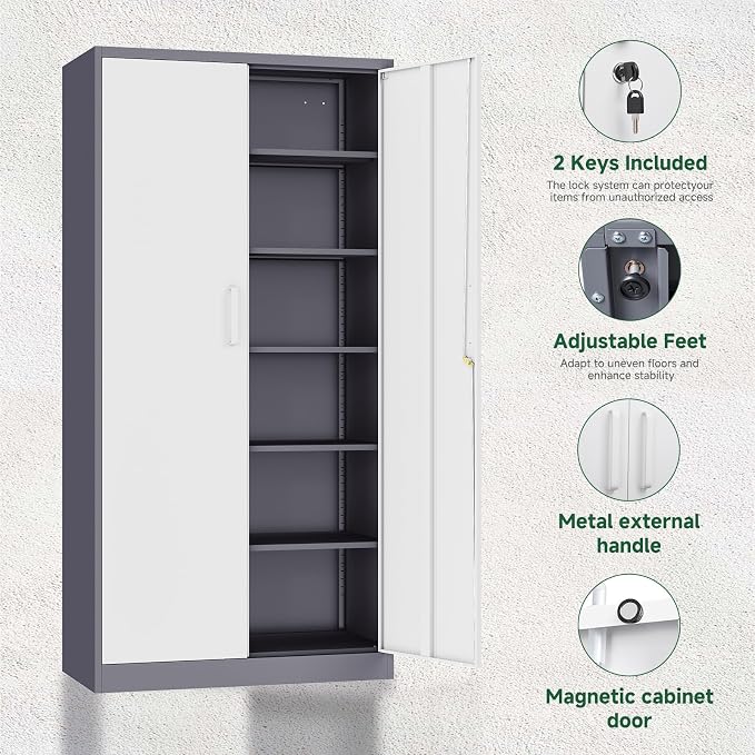 Letaya Metal Storage Cabinet with Lock Door and 5 Shelves,6 Tier Steel Garage Tool Cabinet for Home Office Utility Room 72" H X 36" W X18 D (White Gray)