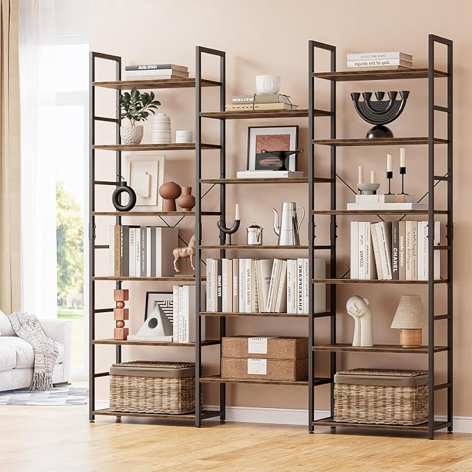 NUMENN Triple Column 6 Tier Bookshelf, Bookcase with 17 Open Display Shelves, Adjustable Rustic Industrial Style Book Shelves, Modern Bookshelves for Bedroom, Living Room and Home Office, Vintage