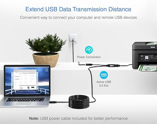 BlueRigger 2.0 Active USB Extension Cable 50FT (USB Extender Cord, 480 Mbps, Male to Female, in-Wall CL3 Rated) Long USB Extension Cord for Webcam, VR Headset, Printer, Hard Drive, Keyboard, Mouse