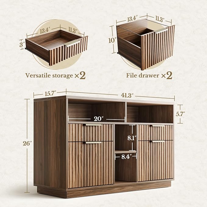 4 Drawer File Cabinet, Fluted Wood Lateral Filing Cabinet with Lock and Charging Station for Home Office, Printer Stand with Open Storage Shelves, Fits A4, Letter Size, Black Waulnut