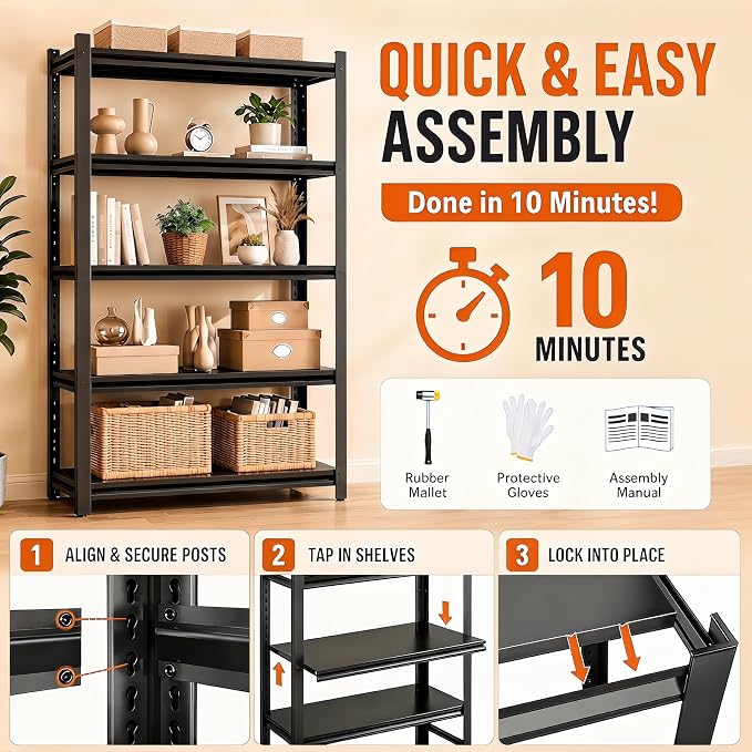Modern Metal Book Shelf, Display Black Bookshelf, Bolt-Free Metal Storage Shelves for Books CDs, Adjustable Bookshelf in Living Room, Bedroom, Kitchen, Home, Office, 15.7" W x10 D x22 H
