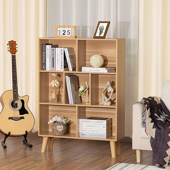 LEYAOYAO Wooden 7 Cube Book Shelf, Natural 3 Tier Bookshelf with Legs, Modern Open Storage Organizer,Boho Bookcase,Display Cabinet Shelf Free Standing Bookshelves for Bedroom,Living Room,Office