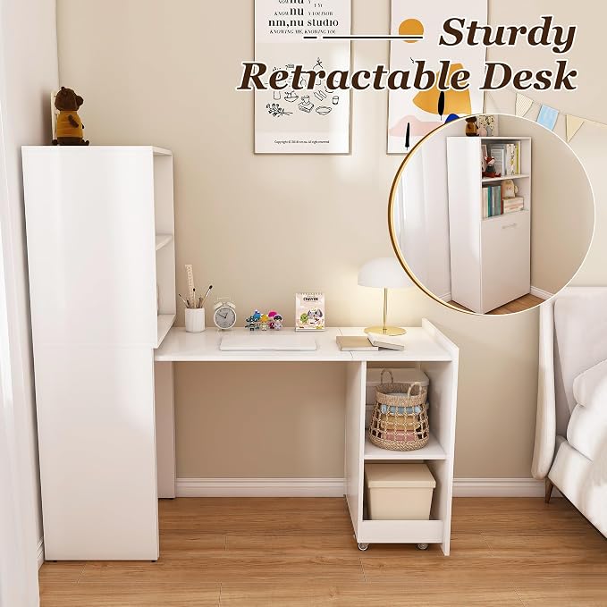 Foldable Expandable Desk Cabinet with Storage Shelves, Rolling Caster Base, Magnetic Closure, Retractable Workstation Unit for Small Spaces, Home Office Study Writing Table Organizer (White)