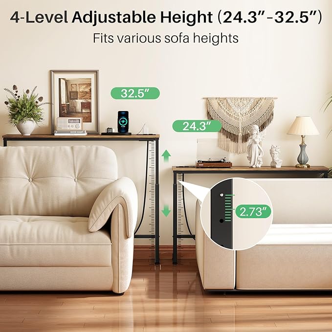 Kitstorack Behind Couch Table, Adjustable Height Narrow Console Table with 2 Power Strips, Split Design for Separate Wall Use, Anti-Scratch Tip, Rustic Brown for Living Room (70.8" Long)