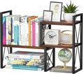 Expandable Desktop Shelf Organizer, 2 Tier Wood Desk Shelf for Office, Metal Corner Bookshelf, Countertop Storage Rack (Brown)