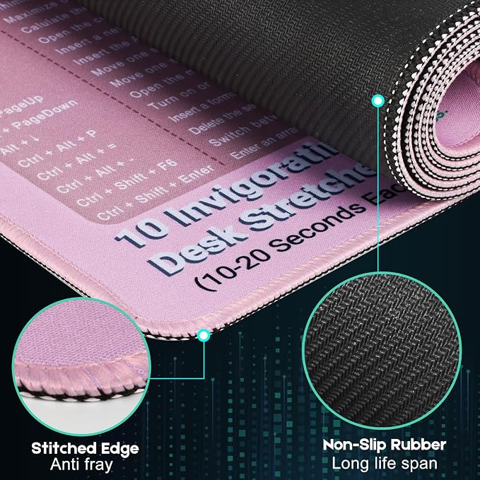 Excel Cheat Sheet Mouse Pad | XXL Non-Slip Desk Mat with Shortcuts for Office & Home(Pink)