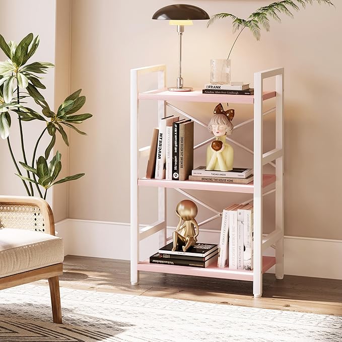 Homeiju Pink Bookshelf, 3 Tier Industrial Bookcase, Metal Small Bookcase, Rustic Etagere Book Shelf Storage Organizer for Living Room, Bedroom, and Home Office(Pink) Patent Pending D29873033