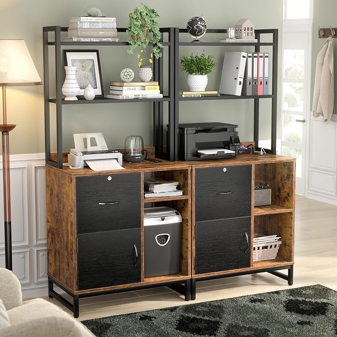 Homieasy Vertical Filing Cabinet with Bookshelf for Home Office, File Cabinet with Shelves, Lock & Charging Station, Drawer Office File Cabinets with Printer Stand, fits Letter Size, Rustic Brown