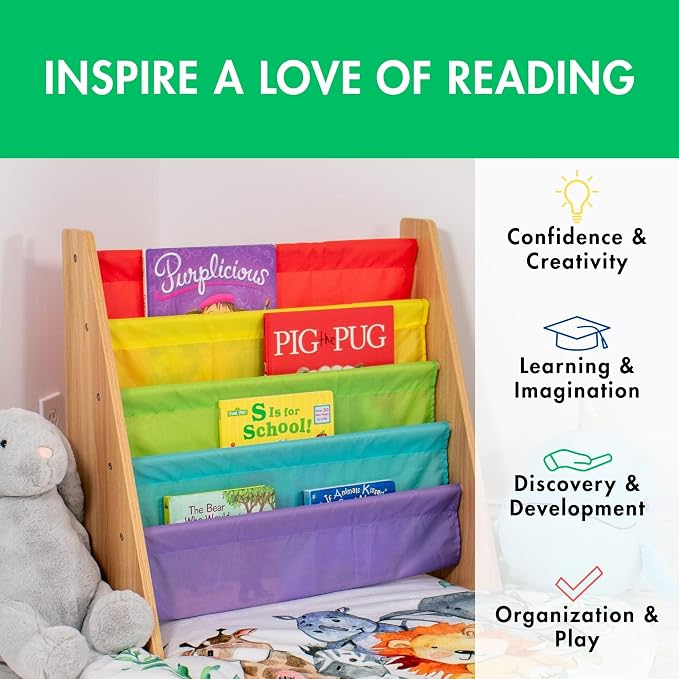 Humble Crew 4-Tier Kids Bookshelf, Natural Wood/Rainbow - Premium Book Shelf for Kids Rooms with Four Deep Pockets - Toddler Sling Book Rack with Deep Sleeves, Nursery Bookcase Organizer