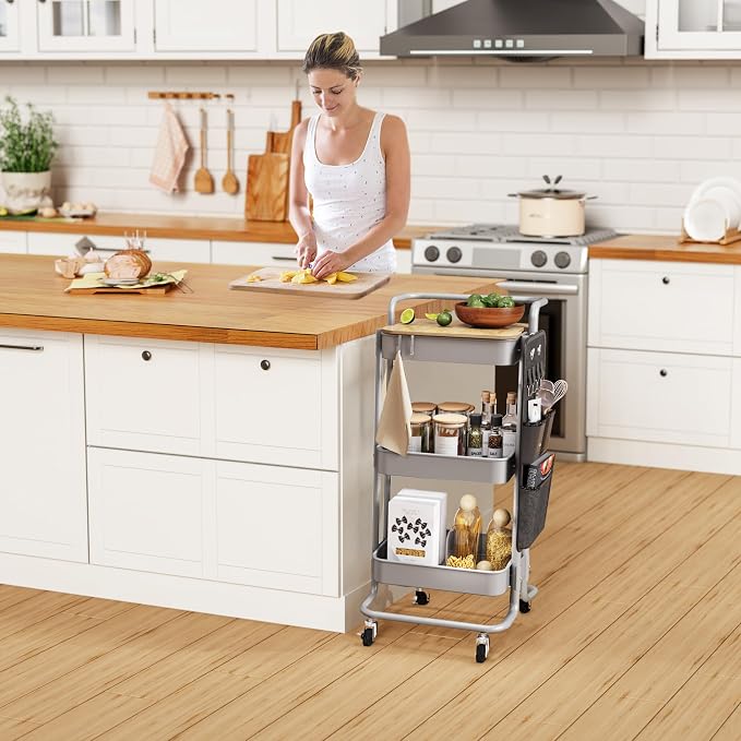 DTK 3 Tier Metal Utility Rolling Cart with Table Top and Side Bags, Tray Storage Organizer Wheels, Art Craft 4 Hooks for Kitchen Bathroom Office Living Room(Grey)