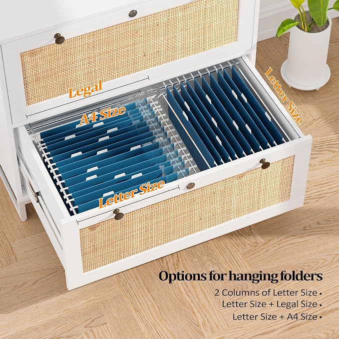 VINGLI White & Natural Rattan 2 Drawer Lateral File Cabinet with Lock, Wood Locking File Cabinets for Home Office, File Cabinet Printer Stand for Hanging Letter/Legal Size Folders, 30W x 16D x 28H