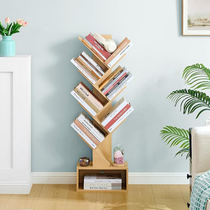Hoctieon 6 Tier Tree Bookshelf, Tall Bookcase with Drawer, Freestanding Book Shelf, Display Floor Standing Storage Shelf, Book Organizer Shelves for Home Office, Living Room, Bedroom, Yellow
