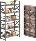 4NM 5 Tiers No Assembly Book Shelves, 51.2" H Folding Bookshelf Bookcase Open Industrial Foldable Shelves for Bedroom, Living Room, Home Office - Rustic Brown Black