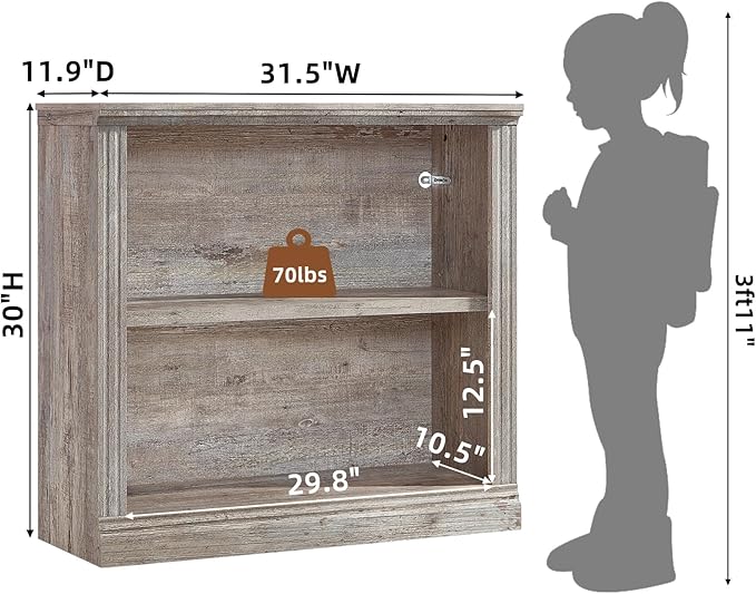 RWYHG 30" Grey Bookshelf,2-Tier Thick Wooden Book Shelf with Adjustable Shelves,Free Standing Farmhouse Bookcase with Open Display Storage,Floor Vintage Bookshelves for Living Room,Office