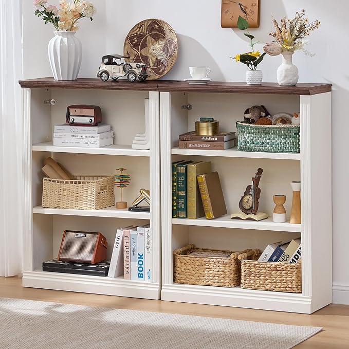 RWYHG 43" White Tall Bookshelf Set of 4,3-Tier Thick Wooden Book Shelf with Adjustable Shelves,Free Standing Farmhouse Bookcase with Open Display Storage,Floor Vintage Bookshelves for Living Room