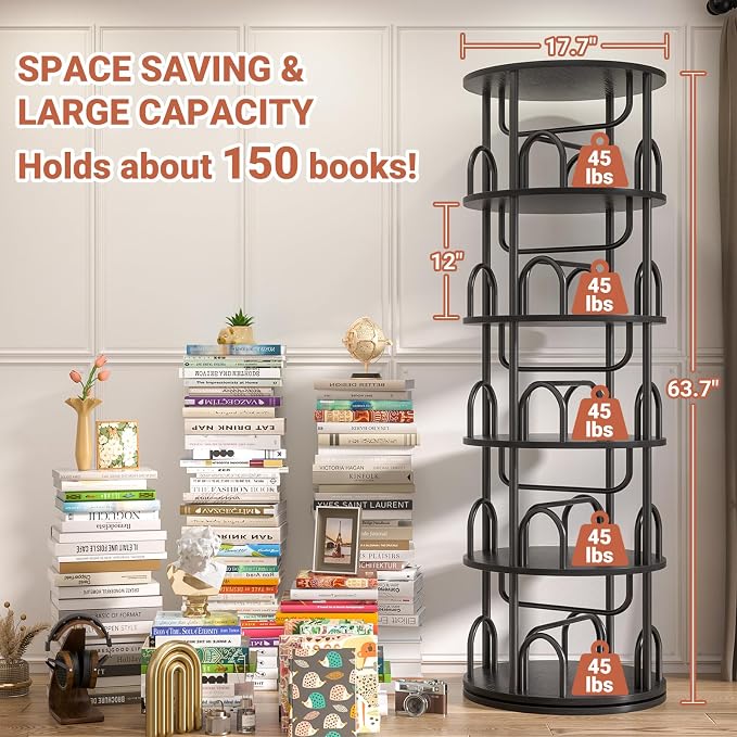 Aheaplus 5 Tier Rotating Bookshelf Tower, 360 Display Spinning Bookcase, Revolving Round Book Shelf Narrow Swivel Bookshelf, Vertical Turning Spiral Corner Book Organizer for Small Space, Black