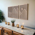 qmmp Modern Wooden Wall Sculptures - Set of 3 - Home Decor Accent - Large Wall Art for Living Room, Bedroom, Office - Easy Installation (Oak, Medium - Mountain and Sun)