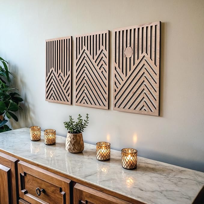 qmmp Modern Wooden Wall Sculptures - Set of 3 - Home Decor Accent - Large Wall Art for Living Room, Bedroom, Office - Easy Installation (Oak, Medium - Mountain and Sun)