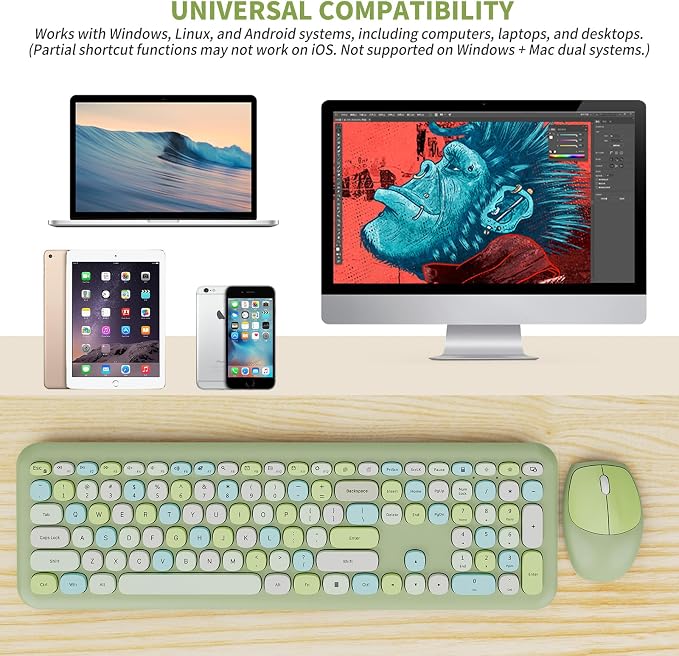 Wireless Keyboard and Mouse Combo, Colorful Ergonomic Full Size Retro Low-Noise Keyboard with Cute keycaps, Compatible with Windows, PC, Perfer for Home and Office Keyboards (Green)