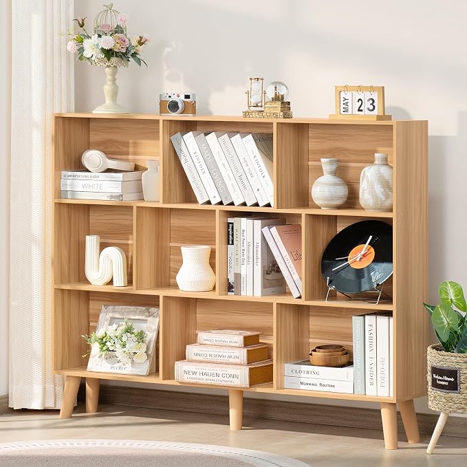 LEYAOYAO 10 Cube Bookshelf,3 Tier 55.12" Wide Boho Bookcase with Legs,Mid-Century Wood Bookshelves Storage,Natural Large Book Case,Freestanding Organizer Display Shelf for Bedroom,Living Room,Office